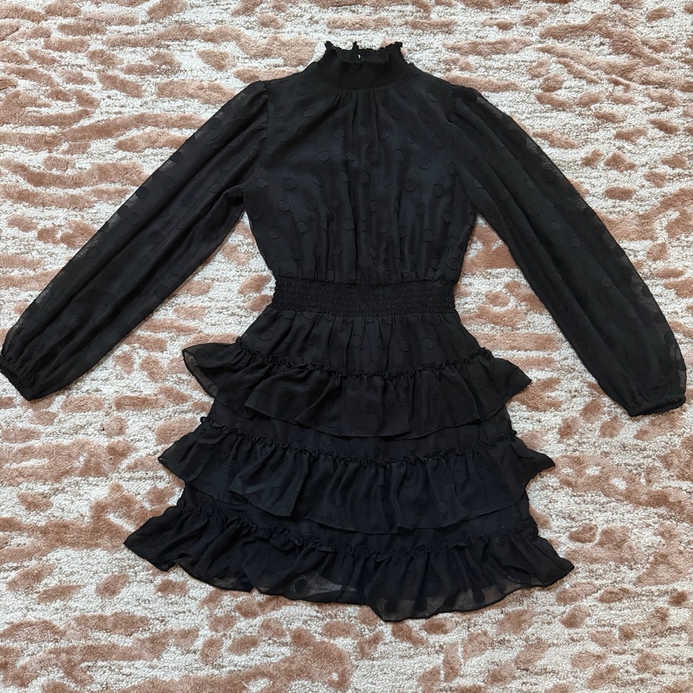 1.STATE Black Polka Dot Smock Neck Sheer Mini Dress – XXS